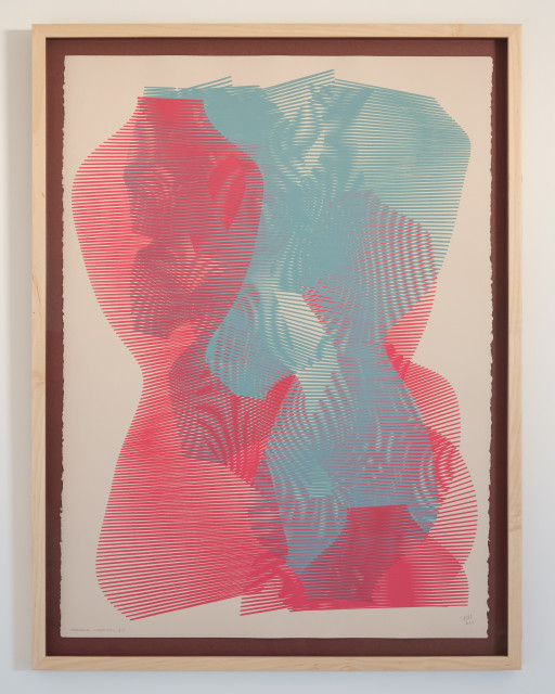 An abstract painting produced by a robotic pen plotter using a generative algorithm. Red and blue ink on tan paper.