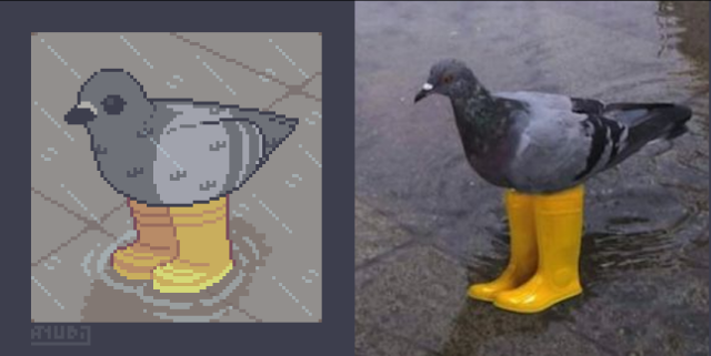 A Pixel Art Redraw and Image featuring a bird, using some rain boots while standing in some puddles of water.