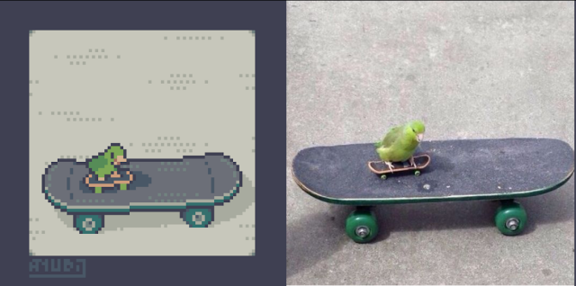 A Pixel Art Redraw and Image featuring a bird in a tiny skateboard, that's standing on a normal sized skate. They're most likely about to do some sick tricks.