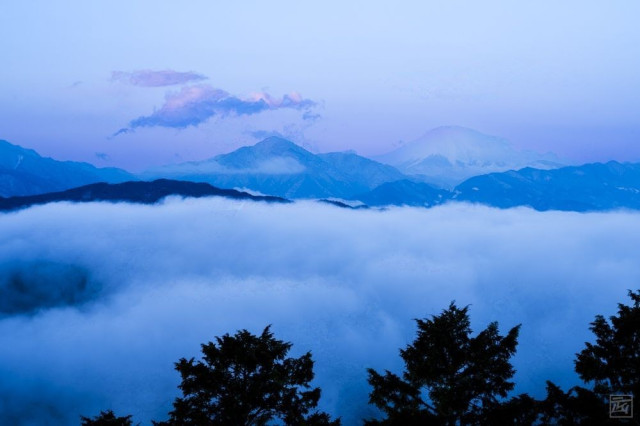 clouds blanket mt fuji and the land undernearth mt fuji in a purple and pink pastel sunrise
