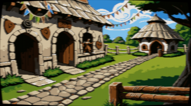 Pixel art of a tranquil medieval hamlet emerges, ensconced amidst a tapestry of verdant splendour and stone abodes that whisper tales of yore. Here, the wooden bows recline against the stalwart trunks of ancient trees, sentinels of a bustling archery range now stilled. A rustic panorama unfurls beyond, with undulating hillocks and emerald forests that cradle the village in nature's bosom. As the day wanes, the golden hour casts its amber embrace upon this idyllic scene, softening edges and stretching shadows that dance in quiet celebration of the day's end. The light suffuses every corner with a warmth that speaks of long days and gentle evenings, of a time when the rhythm of life was cradled by the rise and fall of the sun. The image has a CRT filter applied.