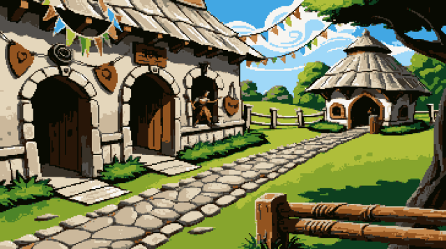 Pixel art of a tranquil medieval hamlet emerges, ensconced amidst a tapestry of verdant splendour and stone abodes that whisper tales of yore. Here, the wooden bows recline against the stalwart trunks of ancient trees, sentinels of a bustling archery range now stilled. A rustic panorama unfurls beyond, with undulating hillocks and emerald forests that cradle the village in nature's bosom. As the day wanes, the golden hour casts its amber embrace upon this idyllic scene, softening edges and stretching shadows that dance in quiet celebration of the day's end. The light suffuses every corner with a warmth that speaks of long days and gentle evenings, of a time when the rhythm of life was cradled by the rise and fall of the sun. 