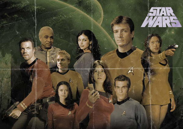 A clash of several brands, crammed together in the hopes of infuriating as many people as possible at once:

The crew of Firefly, dressed in TOS-era Trek uniforms and equipment, set up as an old wall poster that has a completely off-brand “STAR WARS” logo in one corner