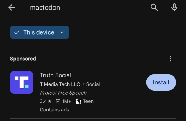A Play Store search for "mastodon" displays a sponsored entry (ad) for Truth Social as the first result.