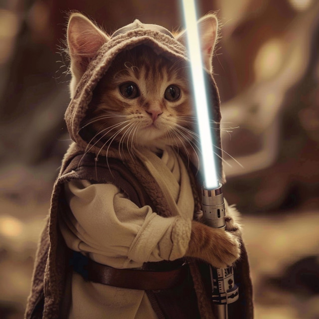 A cute kitten dressed as Obi-Wan Kenobi holding a lightsaber.