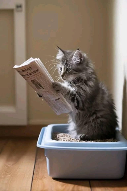 Kitty holding a newspaper