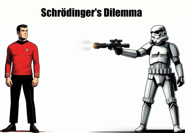 stormtrooper attempting to shoot a star trek red shirt

caption: Schrödinger's Dillemma