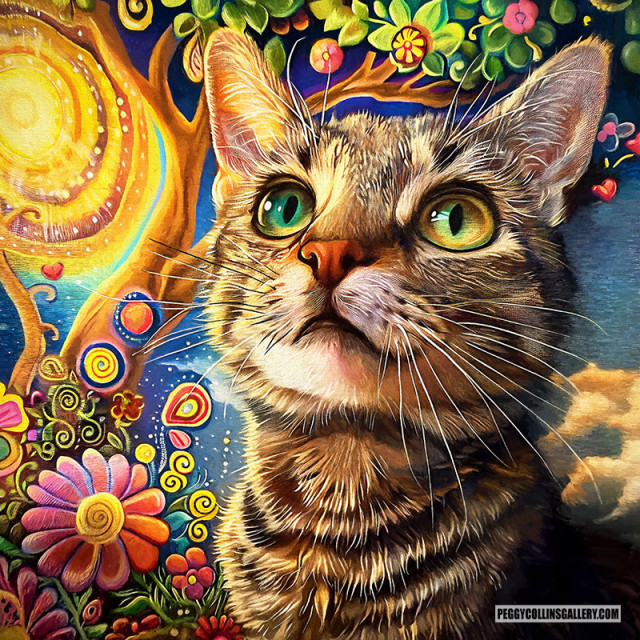 Whimsical artwork of a tabby cat daydreaming in summer, with flowers, a tree and the sun behind him, by artist Peggy Collins.