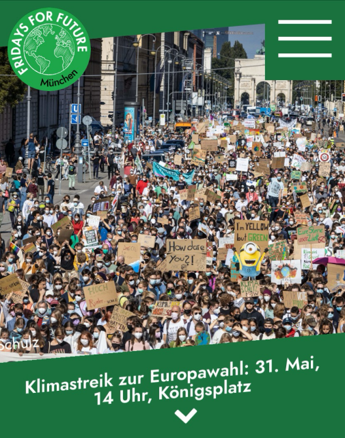 Screenshot der Seite von Fridays for Future München mit dem Aufruf: Klimastreik am 31. Mai zur Europawahl. Die Seite zeigt eine Demo mit vielen Teilnehmern auf der Leopoldstrasse in München.