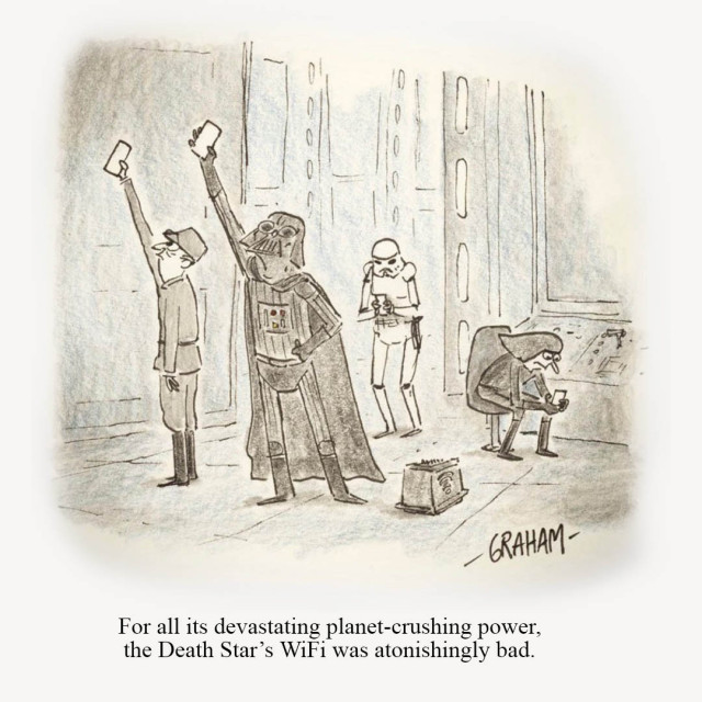 Darth Vader, along with a stormtrooper and some other Death Star employees, are all holding their phones up in the air trying to get a decent Wi-Fi signal.