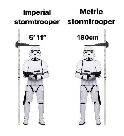 A funny meme image showing two storm troopers standing next to each other and facing us. The one on the left says “Imperial Stormtrooper” and has a measurement line right above his head and it says 5’ 11”. The one on the left says “Metric Stormtrooper” and has 180cm with a line right above his head. LOL (Note: I’m not sure who made this to give proper credit. I found it saved in my photo album from weeks ago, so I probably saw it come across my Mastodon feed somewhere? If you happen to know who made, it let me know so I can add attribution here.)
