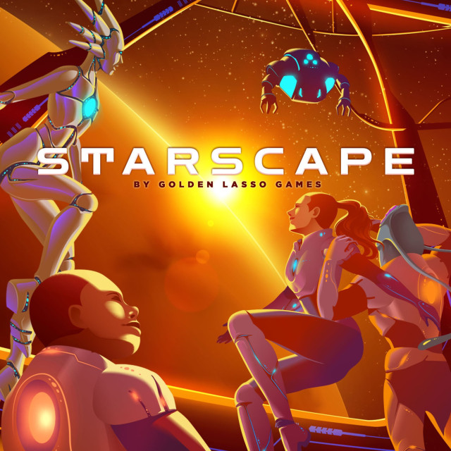 A mixed crew of humans, aliens and robots look out of their starship's large window. In the distance, they see a stunning sunset over a distant planet that bathes the whole scene in warm orange and yellow light. The title says "Starscape by Golden Lasso Games" 