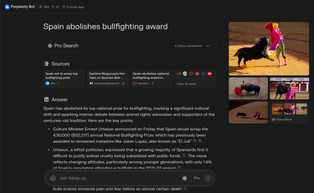 A screenshot of Perplexity AI's summary of a story about bullfighting in Spain, focusing on the abolition of a popular bullfighting award, and the broader controversy around bullfighting. The summary pulls from more than a dozen sources.