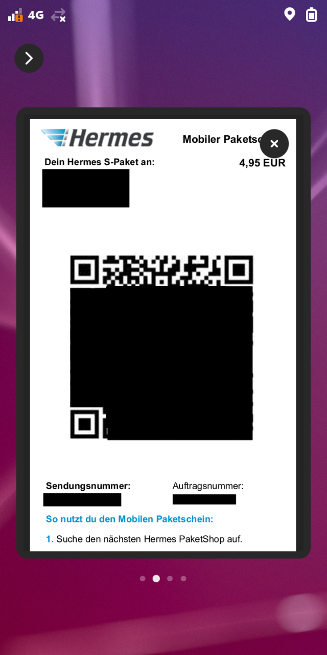 Screenshot from phosh showing the ticket box plugin displaying the PDF of a barcode used to send a package.