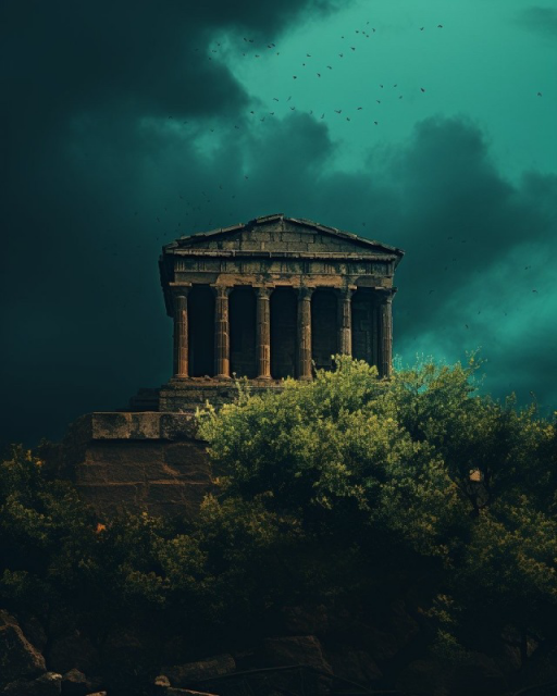 A nearly intact Greek temple stands on a high stone podium on a day of unsettled weather. The sky has an eerie colour, connoting an impending storm, and a scrub tree stands below the temple in the foreground.