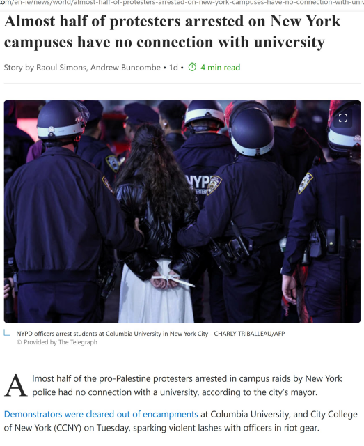 Almost half of protesters arrested on New York campuses have NO connection with university Mayor Reports.

