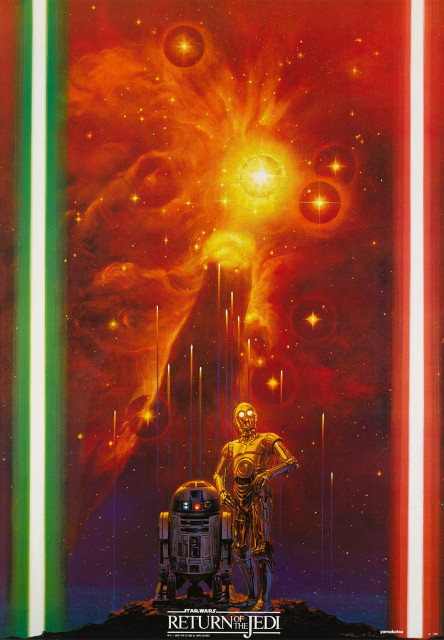 Japanese poster for The Return of the Jedi back by Noriyoshi Ohrai featuring C-3PO and R2-D2 standing in-between a green and a red Lightsaber. 