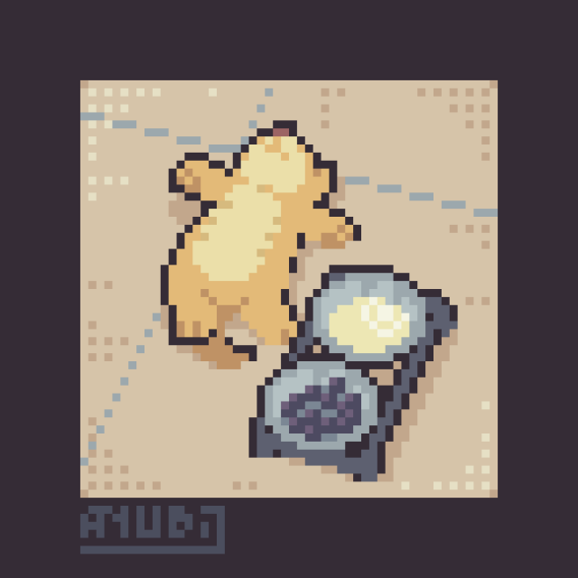 A Pixel Art Redraw, featuring a kitty, that's probably tired, lying upside down on the floor, close to two plates containing milk and food. The kitty is as stretched as they can be, with their head staring away from the camera, and their paws extended as far as they could go to.