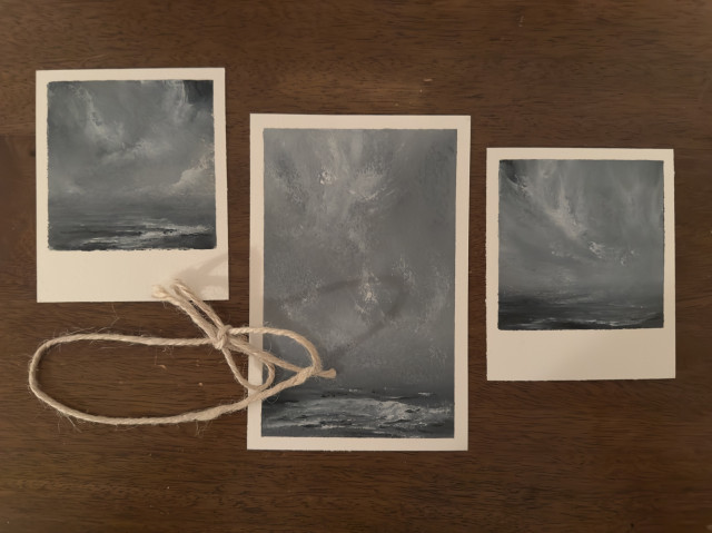 3 paintings by Tisha Mark, oil paints in paper of stormy seas. 
