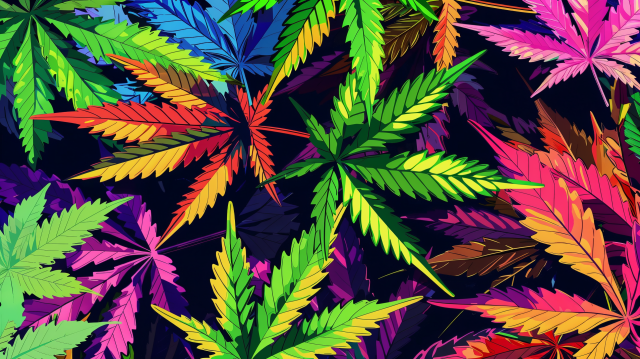 A vivid and colorful display of cannabis leaves, rendered in an array of vibrant hues including red, yellow, green, blue, and purple. The leaves are layered and overlap each other, creating a dynamic and textured visual effect. Each leaf is detailed, showing the characteristic serrated edges and pointed tips of cannabis foliage. The background is dark, which enhances the bright colors of the leaves, making them stand out dramatically. This artistic rendering uses a style that emphasizes the beauty and variety of colors in nature, even within a single type of leaf, presenting a celebratory and almost psychedelic interpretation.