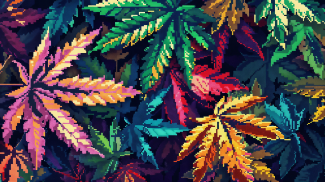 A vibrant and colorful mosaic of cannabis leaves, rendered in a pixelated art style that emphasizes a digital, almost retro video game aesthetic. The leaves are depicted in a variety of bright colors, including shades of orange, yellow, green, blue, and pink, giving the scene a dynamic and lively feel. The pixelation adds an interesting texture, with each leaf composed of small blocks of color, creating a pattern that is both intricate and visually engaging. This artistic choice enhances the natural shape and detail of the cannabis leaves, transforming them into a vivid tapestry of color and form.