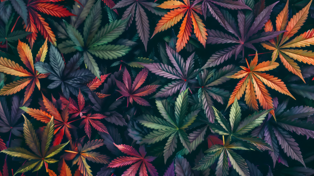 A beautifully arranged array of cannabis leaves, displaying a rich spectrum of colors from deep greens to vibrant purples, fiery oranges, and radiant reds. The leaves are densely packed, creating a lush, overlapping pattern that fills the entire frame. Each leaf exhibits the distinctive serrated edges and pointed tips characteristic of cannabis, highlighted by the subtle gradients and shading that give the image a dynamic and almost three-dimensional look. The interplay of light and shadow, along with the varied color palette, adds depth and texture, making the scene visually captivating. This artistic portrayal celebrates the natural diversity and beauty of cannabis foliage in a visually striking way.