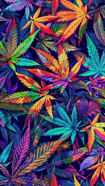 A vibrant and colorful depiction of cannabis leaves in a variety of hues, including orange, red, yellow, blue, and purple, each blending into the other to create a rich tapestry of color. The leaves are intricately detailed, showcasing their iconic serrated edges and sharp tips. They are overlaid and interwoven, creating a dense pattern that fills the entire frame. The use of colors ranges from bright and vivid to darker, more subdued shades, providing a dynamic contrast that enhances the visual impact of the image. This representation celebrates the aesthetic beauty of the cannabis plant in a creative and artistic manner, emphasizing its natural forms and colors in a striking way.