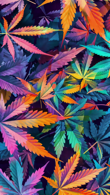A stunning array of cannabis leaves in a diverse palette of colors, including vibrant shades of orange, yellow, purple, green, and blue. The leaves are artistically overlaid and intertwined, creating a rich tapestry of colors that blend and contrast sharply against a dark background. Each leaf is finely detailed, highlighting its unique serrated edges and pointed tips, characteristic of the cannabis plant. The composition is lively and visually engaging, emphasizing the natural beauty and variety of the cannabis leaves through an artistic and colorful representation. The overall effect is both bold and harmonious, drawing the viewer's eye across the dynamic interplay of colors and shapes.