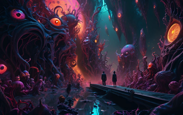 Surreal alien landscape with two human silhouettes on a dock, surrounded by fantastical creatures and plants with prominent eyes.