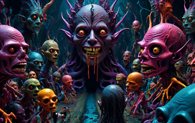 A crowd of colorful, fantastical creatures with exaggerated ghastly features set against a dark, eerie background.