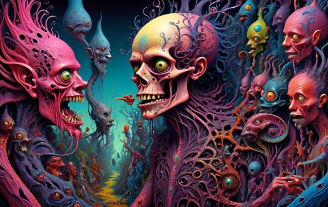 Surreal artwork featuring colorful and grotesque humanoid figures with exaggerated features amidst an abstract, organic background.