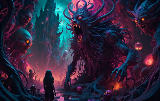 Fantasy artwork depicting a person standing before a surreal, nightmarish landscape with monstrous creatures and a menacing, creature-filled castle in the background.