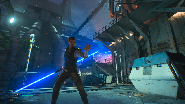Screenshot of Star Wars Jedi: Survivor. Cal holding a blue double bladed lightsaber.