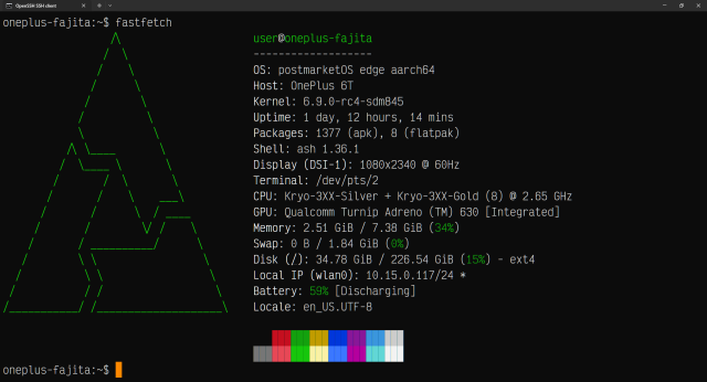 Screenshot of the output of the `fastfetch` command in a terminal, with the following text:

user@oneplus-fajita

OS: postmarketOS edge aarch64
Host: OnePlus 6T
Kernel: 6.9.0-rc4-sdm845
Uptime: 1 day, 12 hours, 14 mins
Packages: 1377 (apk), 8 (flatpak)
Shell: ash 1.36.1
Display (DSI-1): 1080x2340 @ 60Hz
Terminal: /dev/pts/2
CPU: Kryo-3XX-Silver + Kryo-3XX-Gold (8) @ 2.65 GHz
GPU: Qualcomm Turnip Adreno (TM) 630 [Integrated]
Memory: 2.51 GiB / 7.38 GiB (34%)
Swap: 0 B / 1.84 GiB (0%)
Disk (/): 34.78 GiB / 226.54 GiB (15%) - ext4
Local IP (wlan0): 10.15.0.117/24 *
Battery: 59% [Discharging]
Locale: en_US.UTF-8

