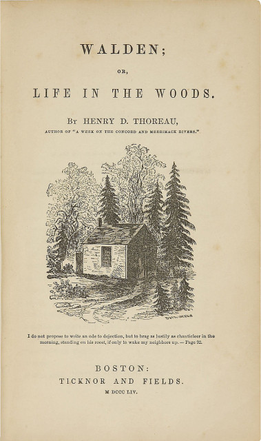 Original title page of Walden, with an illustration from a drawing by Thoreau's sister Sophia.

Title page of the book "Walden; or, Life in the Woods" by Henry D. Thoreau, featuring an illustration of a small cabin surrounded by trees. The page includes a quotation and the publication details, "Boston: Ticknor and Fields. MDCCCLIV (1854)."