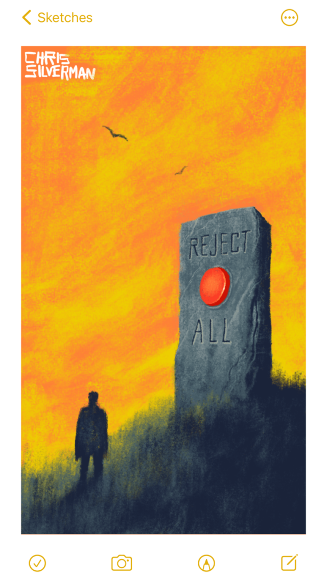 A dark gray hill covered in grass. The time of day looks like either early morning or twilight. At the top of the hill, to the right of the drawing, is a large rectangular stone obelisk with the words "reject all" carved into it, and a giant red button—one of those round plastic things you might see on an arcade game or video controller—embedded in the stone. Somewhat down the hill, on the left side of the drawing, is the silhouette of a person. The person is approximately half the size of the obelisk. The sky is a mix of orange and yellow. High in the sky are two birds, perhaps hawks.