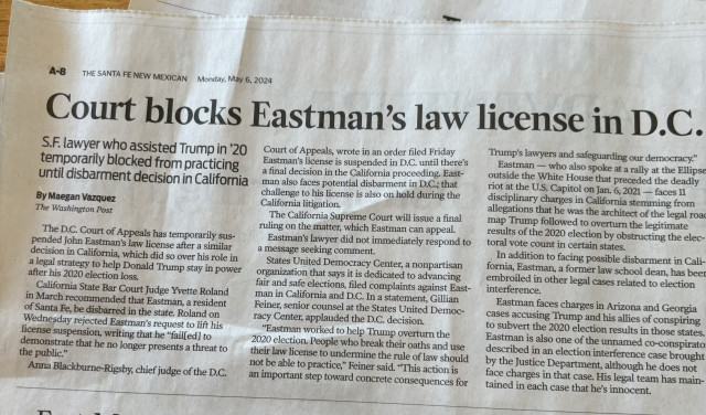 News article headlined “Court blocks Eastman’s law license in D.C.”