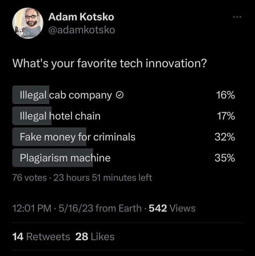 What's your favourite tech innovation?
Illegal cab company
Illegal hotel chain
Fake money for criminals
Plagiarism Machine