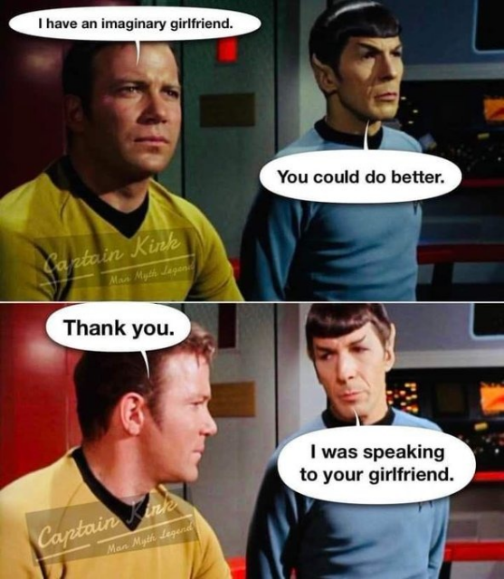 two panels with captain kirk and spock.

first: 
kirk: i have an imaginary girlfriend.
spock: you could do better.

second:
kirk: thank you.
spock looking amused: i was speaking to your girlfriend.