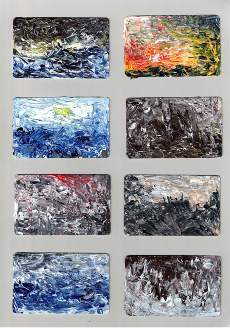 Eight miniature abstract landscapes and seascapes painted on credit cards
