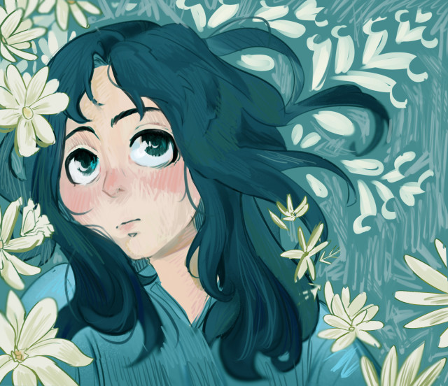 A portrait in light blue colors of a girl with long wavy hair looking up. She is surrounded by white flowers