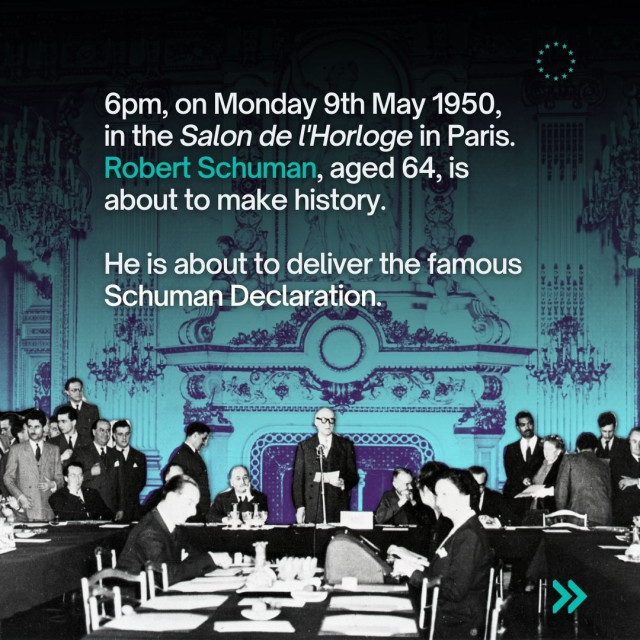 Photo of Robert Schuman in the Salon de l'Horloge in Paris and the text: 6pm, on Monday 9th May 1950, in the Salon de l'Horloge in Paris. 
Robert Schuman, aged 64, is about to make history. 

He is about to deliver the famous Schuman Declaration.
