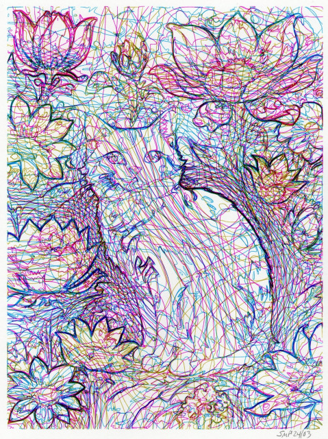 White cat and flower motif surreal curved lines