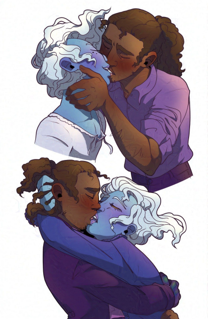 two drawings of Gus and Darius kissing gently