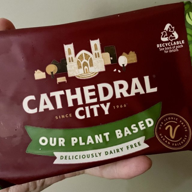 Cathedral City plant based mature cheddar style cheese block. Sooooo good. 