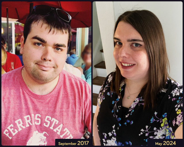 Before & after photos of me: one from September 2017 in a pale red T-Shirt, with stubble and sunglasses on my head. The second is me from today, wearing a black blouse with blue, white, green and purple flowers printed on it, smiling at the camera