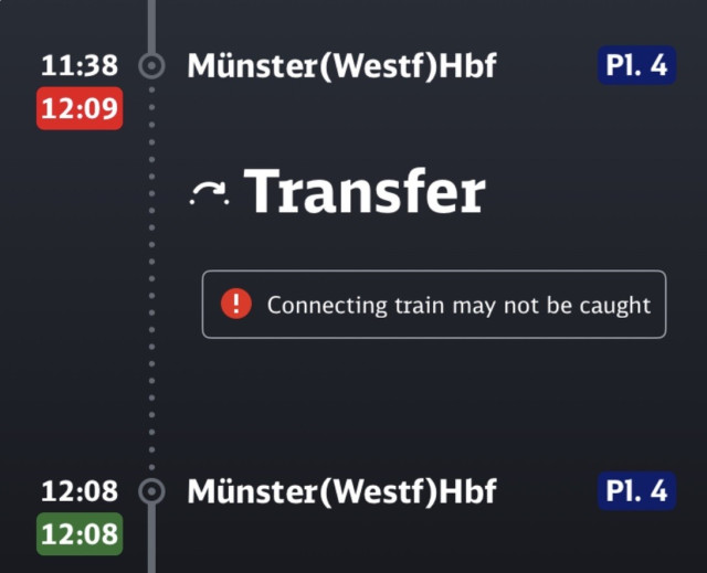 Screenshot aus der BD-Navigator-App:
Er zeigt die voraussichtliche Ankunft auf Platform 4 um 12:09 (statt 11:38) und die Weiterfahrt nach Umstieg auf Platform 4 um 12:08.