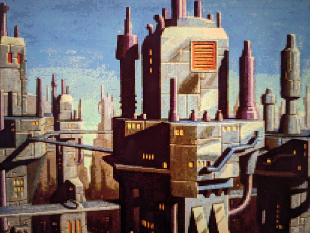 screenshot from the game. Futuristic city skyline with high buildings and towers that are connected with each other with bridges and pipes.