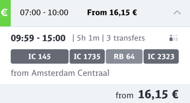 Screenshot aus der DB-Navigator-App für eine Verbindung Amsterdam Centraal nach Dortmund:

09:59 - 15:00, 5 hour 1 minute, 3 transfers
IC 145 - IC 1735 - RB 64 - IC 2323
from 16,15 €