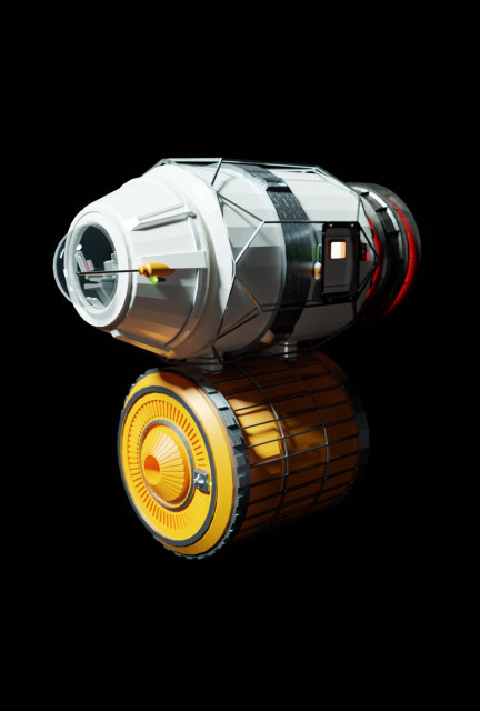 A little Blender model of a space tug. A cylindrical body, with a goldfish bowl style cockpit at the front. Underneath, a yellow cylindrical cargo unit is attached